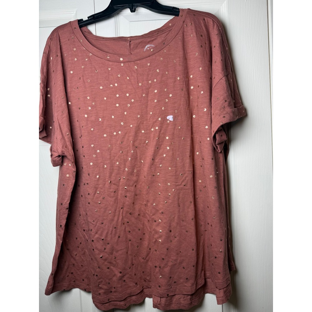 Maurices 24/7 Womens Rose Pink Gold Polka Dot Short Sleeve T-Shirt Size 2 NEW